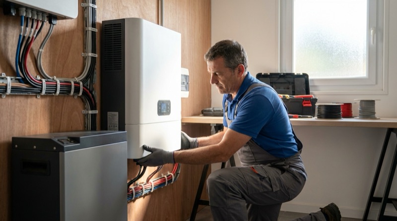 Artisan installant un onduleur hybride et une batterie lithium dans le local technique d'une maison