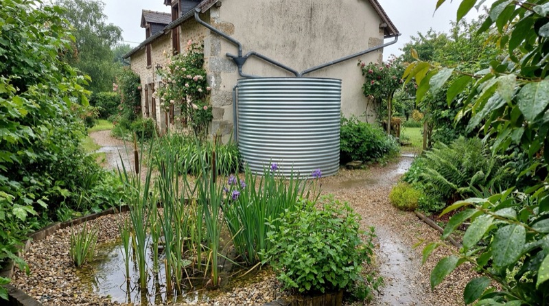 Citerne de récupération d'eau de pluie et bassin de phytoépuration au pied d'une maison de campagne
