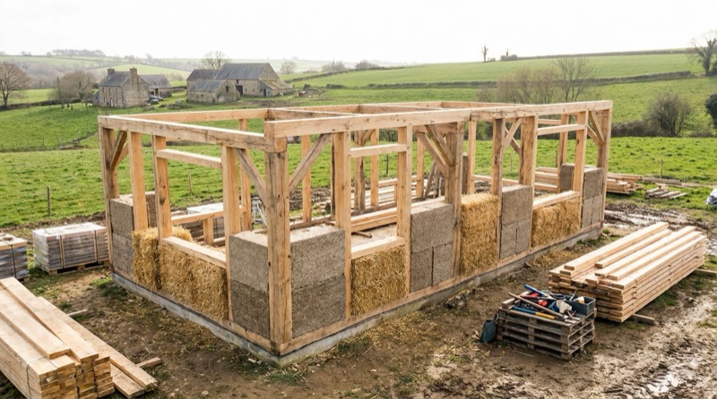 Chantier d'une maison bioclimatique à ossature bois isolée en bottes de paille