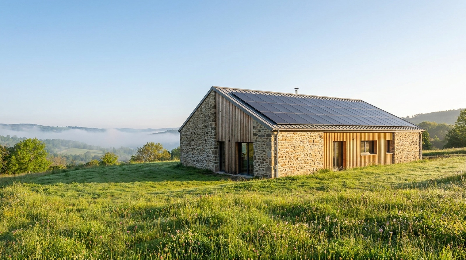 Maison autonome en pierre et bois avec toiture solaire sur une colline des Cévennes au petit matin