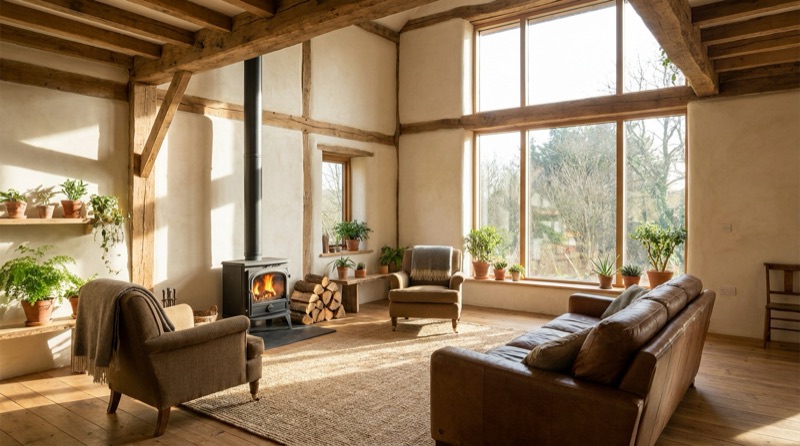 Séjour lumineux d'une maison autonome avec poêle à bois allumé et grande baie vitrée plein sud