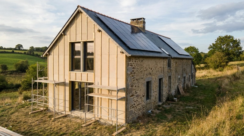 Ancienne ferme en pierre en cours d'isolation extérieure en fibre de bois avec toiture solaire