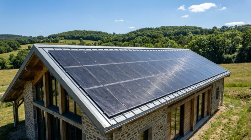 Toiture d'une maison rurale entièrement couverte de panneaux photovoltaïques